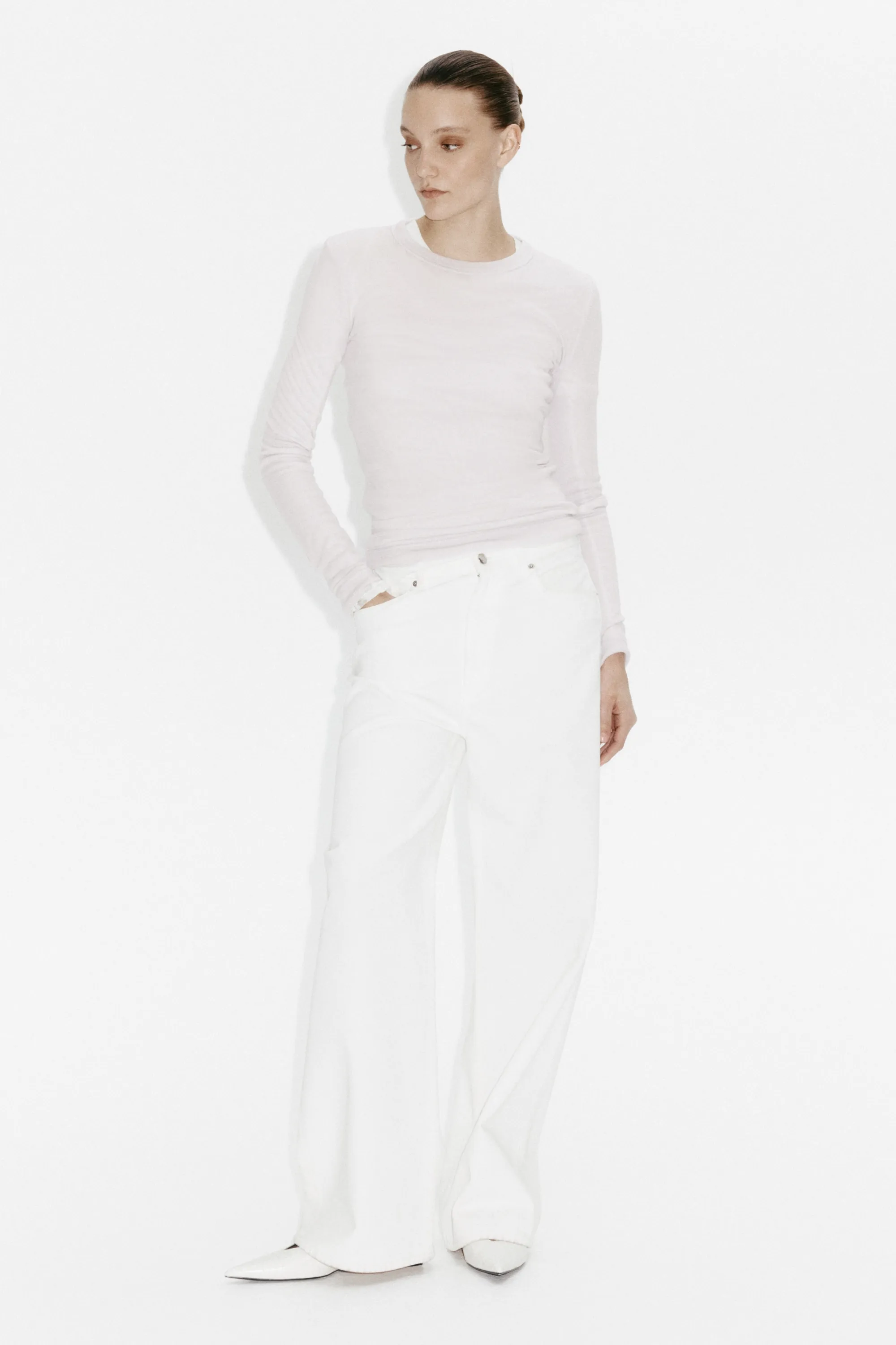 Top en maille de laine fine - Grège pâle