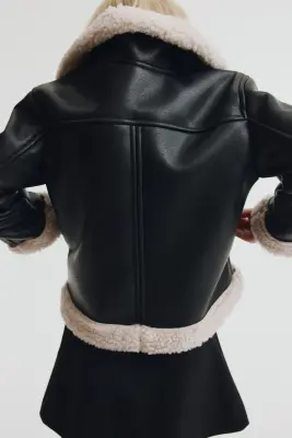 Veste aviateur doublée de tissu Teddy bear - Noir — photo 4