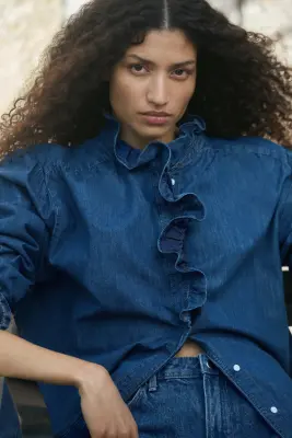 Blouse à volants ruchés en denim - Bleu denim foncé — photo 2