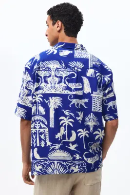 Chemise imprimée Relaxed Fit avec col cubain - Bleu vif/motif — photo 3