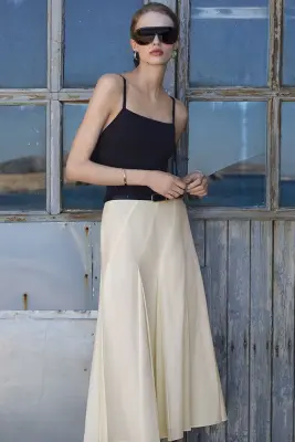 JUPE MIDI PLISSÉE EN COTON-LIN - IVOIRE — photo 4