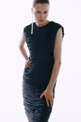 ROBE À PANNEAUX FRONCÉS - Bleu acier — photo 4