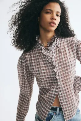 Blouse à volants ruchés - Crème/carreaux — photo 2