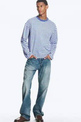 T-shirt ample à manches longues - Rayures bleu et blanc — photo 2