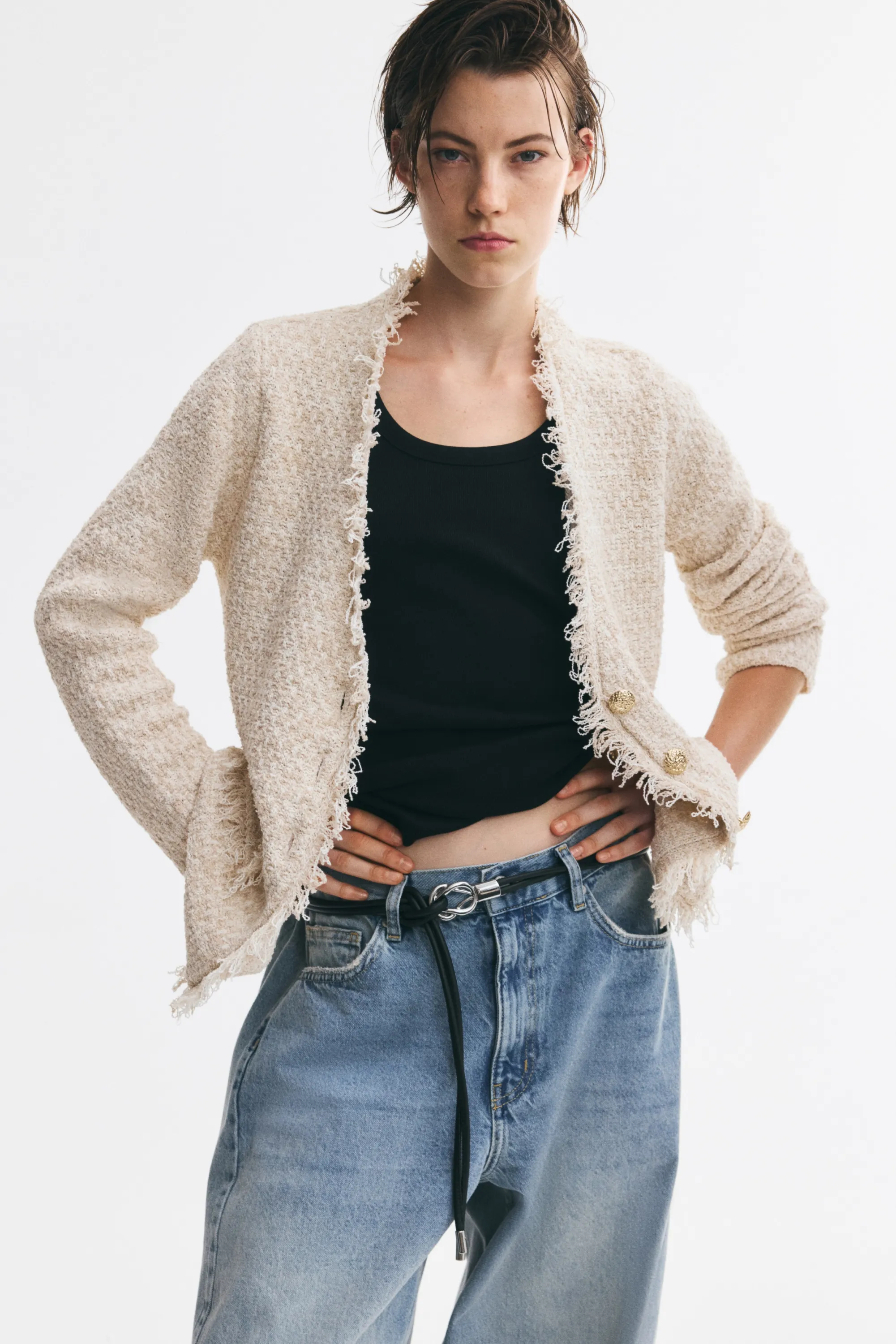 Gilet frangé en maille nattée - Beige ancien clair