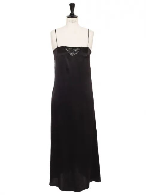 Robe longue slip dress à fines bretelles en soie noire Prix boutique 2200€ Taille XS