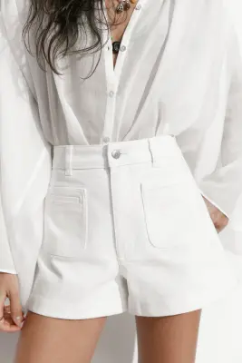 Short taille haute en denim - Crème — photo 1