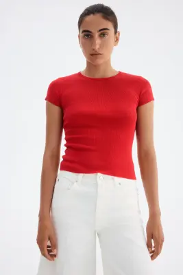 T-shirt en maille fine - Rouge vif — photo 2