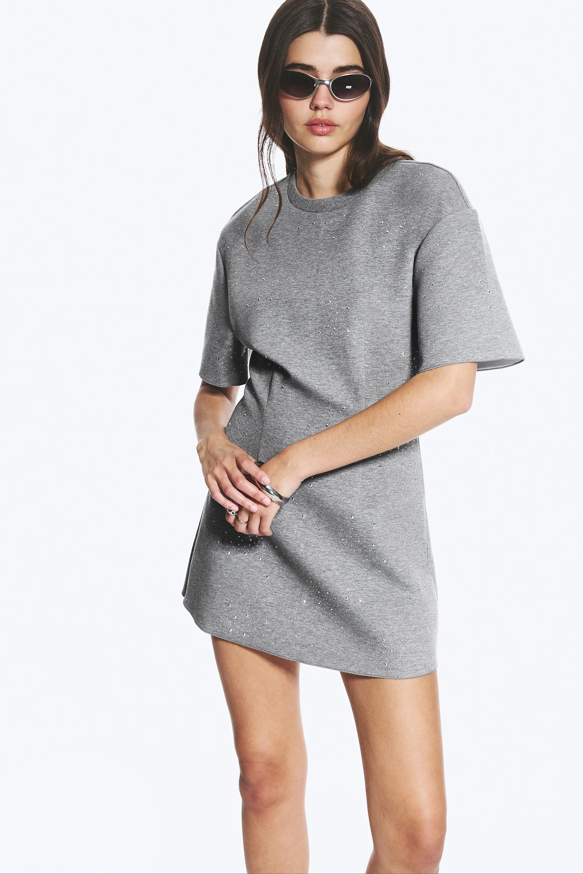 Robe tee-shirt mini en scuba clouté - Mélange gris - Clous