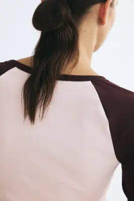 Raglan-sleeved cotton top - Rose pâle/color block — photo 3