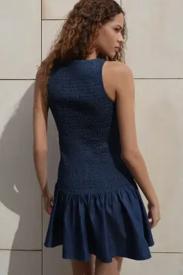 Robe smockée en denim - Bleu denim foncé — photo 3