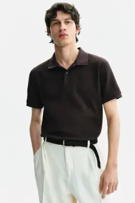Polo Slim Fit en maille gaufrée - Marron foncé — photo 1
