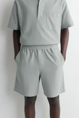 SHORT EN COTON PIQUÉ À TAILLE ÉLASTIQUÉE - GRIS — photo 2