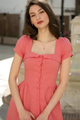 Estelle Button Down Linen Dress - Peach pink — photo 2