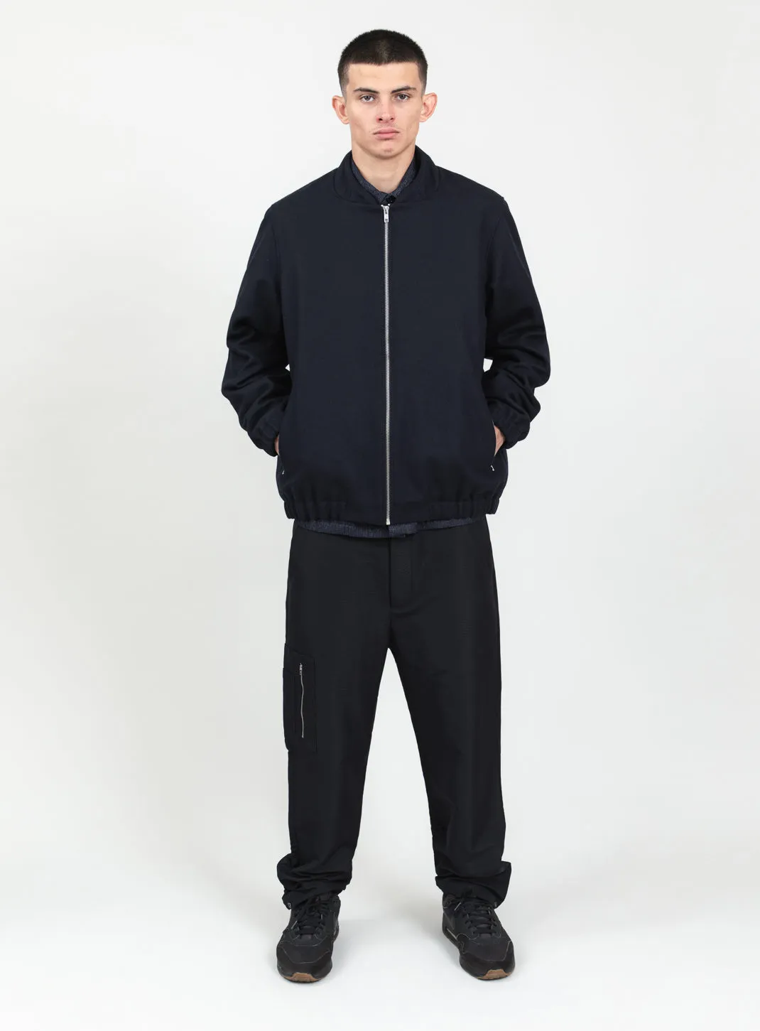 Murano Collar Bomber Jacket in Navy Blue Italian Wool