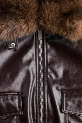 Veste en tissu enduit avec col amovible - Marron foncé — photo 4