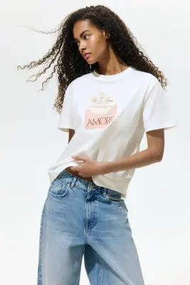 T-shirt imprimé en coton - Crème/Amore — photo 1