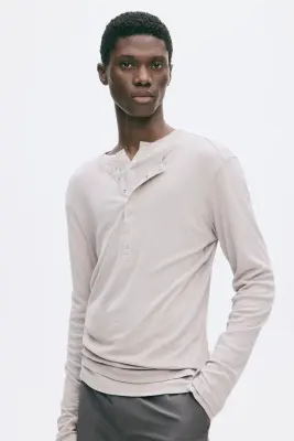T-shirt Slim Fit à col tunisien en coton - Gris clair — photo 1