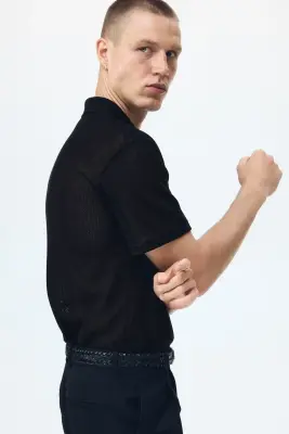 Polo Regular Fit en maille ajourée - Noir — photo 3