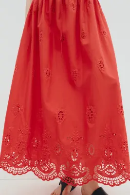 Jupe à cordon de serrage avec broderie anglaise - Rouge — photo 3