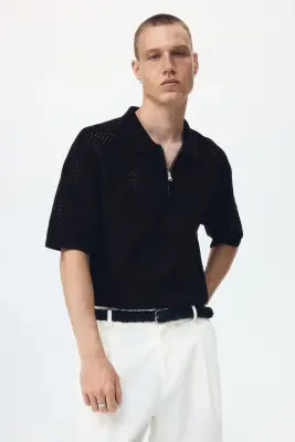 Polo Relaxed fit en maille ajourée - Noir — photo 2