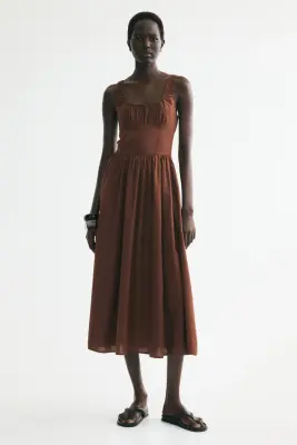 Robe ruchée en lin mélangé - Marron — photo 1