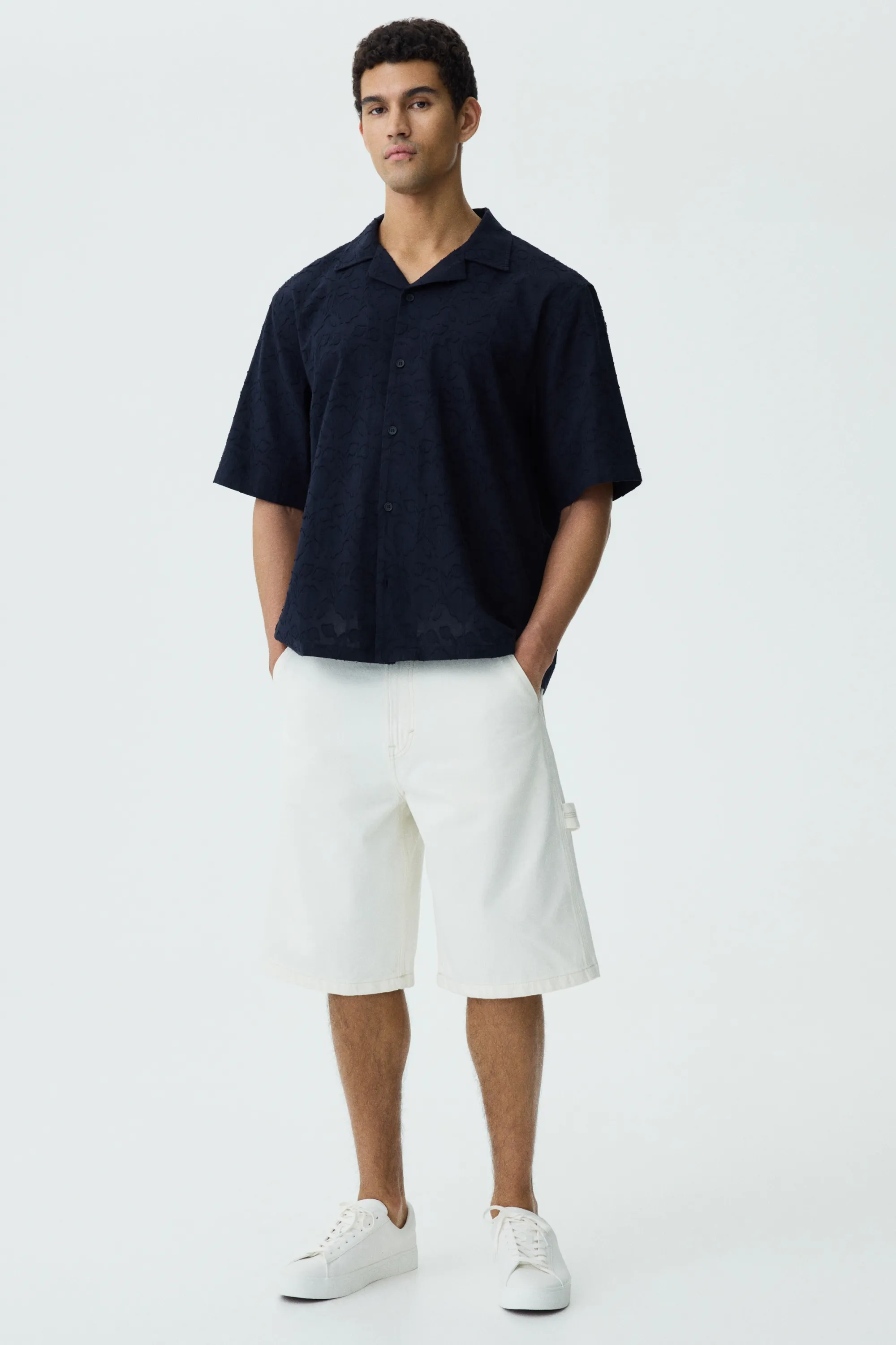 Chemise texturée Relaxed Fit avec col cubain - Noir