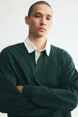 Relaxed Fit Cotton rugby shirt - Vert/blanc — photo 3