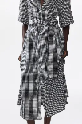 Tie-belt dress - Noir/vichy — photo 2