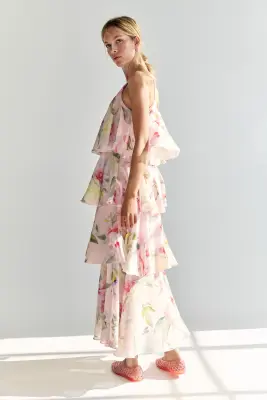 Robe asymétrique à étages en lin mélangé - Rose clair/fleuri — photo 3
