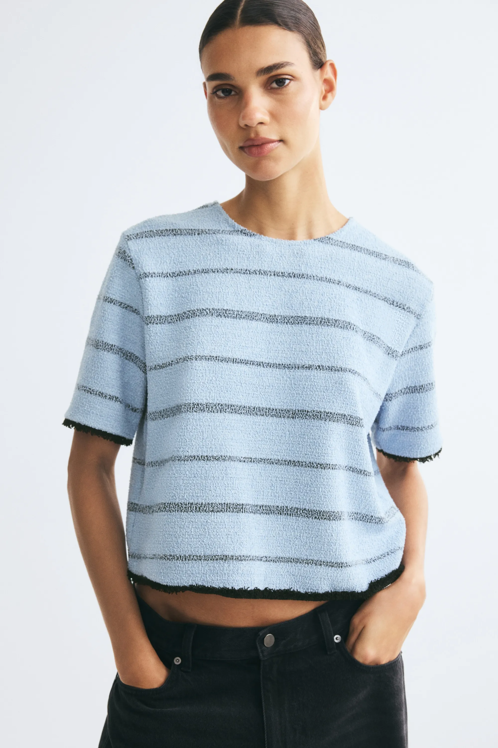 Top boxy à franges - Bleu clair/rayé