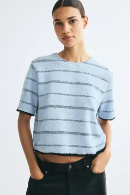 Top boxy à franges - Bleu clair/rayé — photo 1