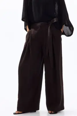 Pantalon en twill avec détail à nouer - Marron foncé — photo 2
