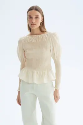 Blouse smockée en viscose mélangée - Beige clair — photo 2