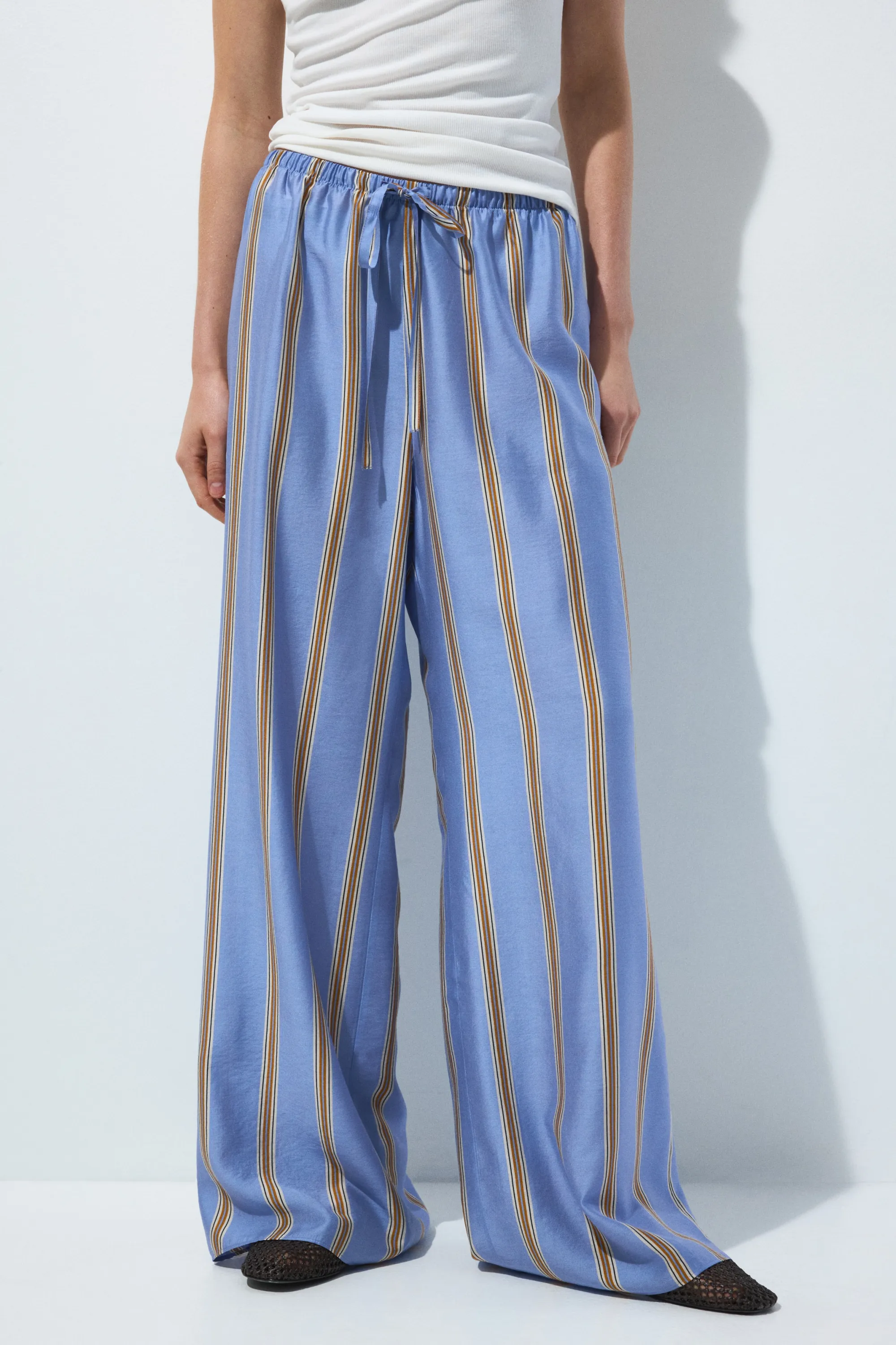 Pantalon large avec cordon de serrage - Bleu clair/rayé