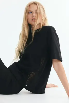 T-shirt en coton avec dentelle - Noir — photo 2