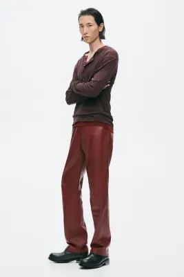 T-shirt Slim Fit à col tunisien en coton - Marron foncé — photo 4