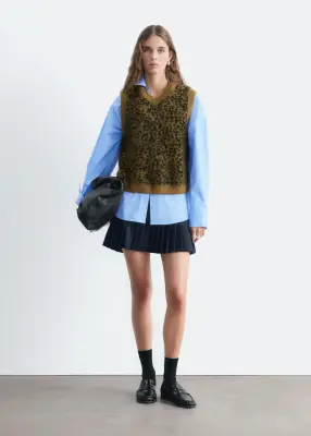 Débardeur en laine brossée à motif jacquard - Vert kaki/Imprimé léopard — photo 3