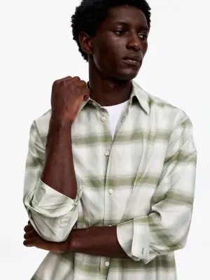 Chemise décontractée en coton et lyocell - Vert/Blanc cassé — photo 3