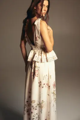 Robe en lin mélangé avec bretelles à nouer - Beige clair/fleuri — photo 3