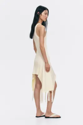 Robe frangée en maille côtelée - Crème — photo 3