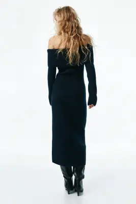 Robe épaules nues en maille côtelée - Bleu marine — photo 2
