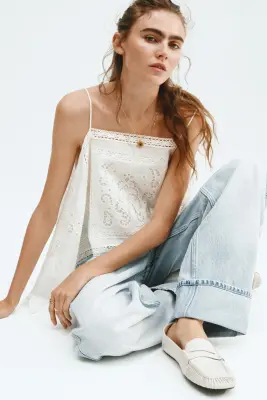 Top à bretelles fines avec broderie anglaise - Blanc — photo 1