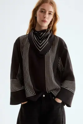 Blouse avec foulard - Marron foncé/rayé — photo 2