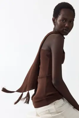 Top asymétrique avec détail façon écharpe - Marron foncé — photo 3