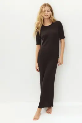 Robe T-shirt en maille côtelée - Marron foncé — photo 1