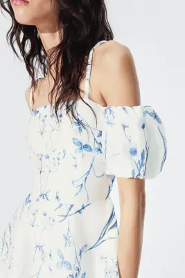 Robe épaules dénudées en lin mélangé - Blanc/fleuri — photo 3