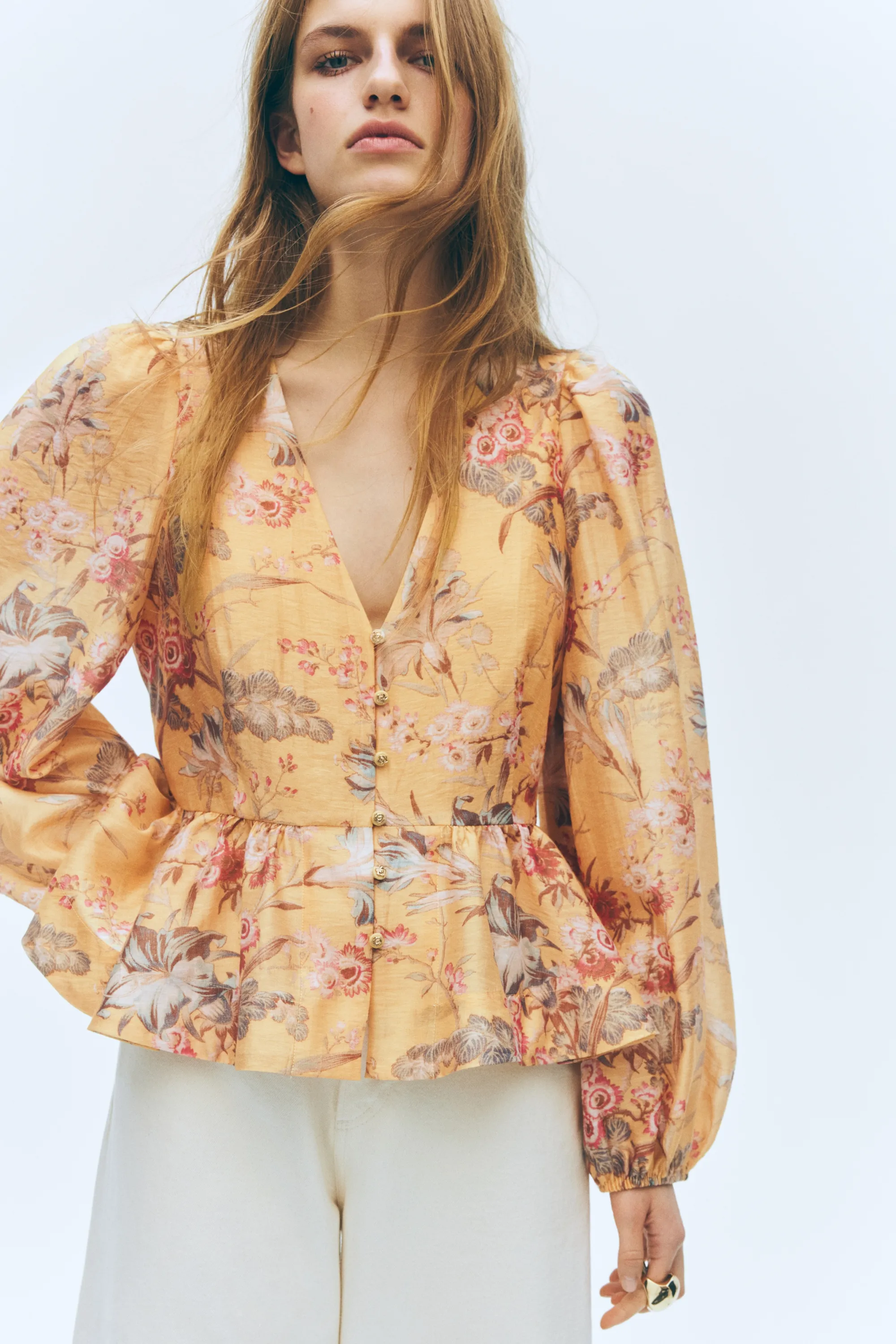 Blouse péplum en lin mélangé - Jaune/fleuri