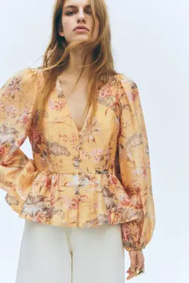 Blouse péplum en lin mélangé - Jaune/fleuri — photo 1