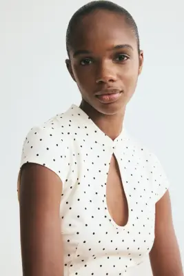 Robe en coton avec jupe évasée - Crème/pois — photo 1